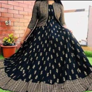 RAYON BEAUTIFUL PRINTED AND CHOLI ATTACHED LONG GOWN - BLACK COLOUR